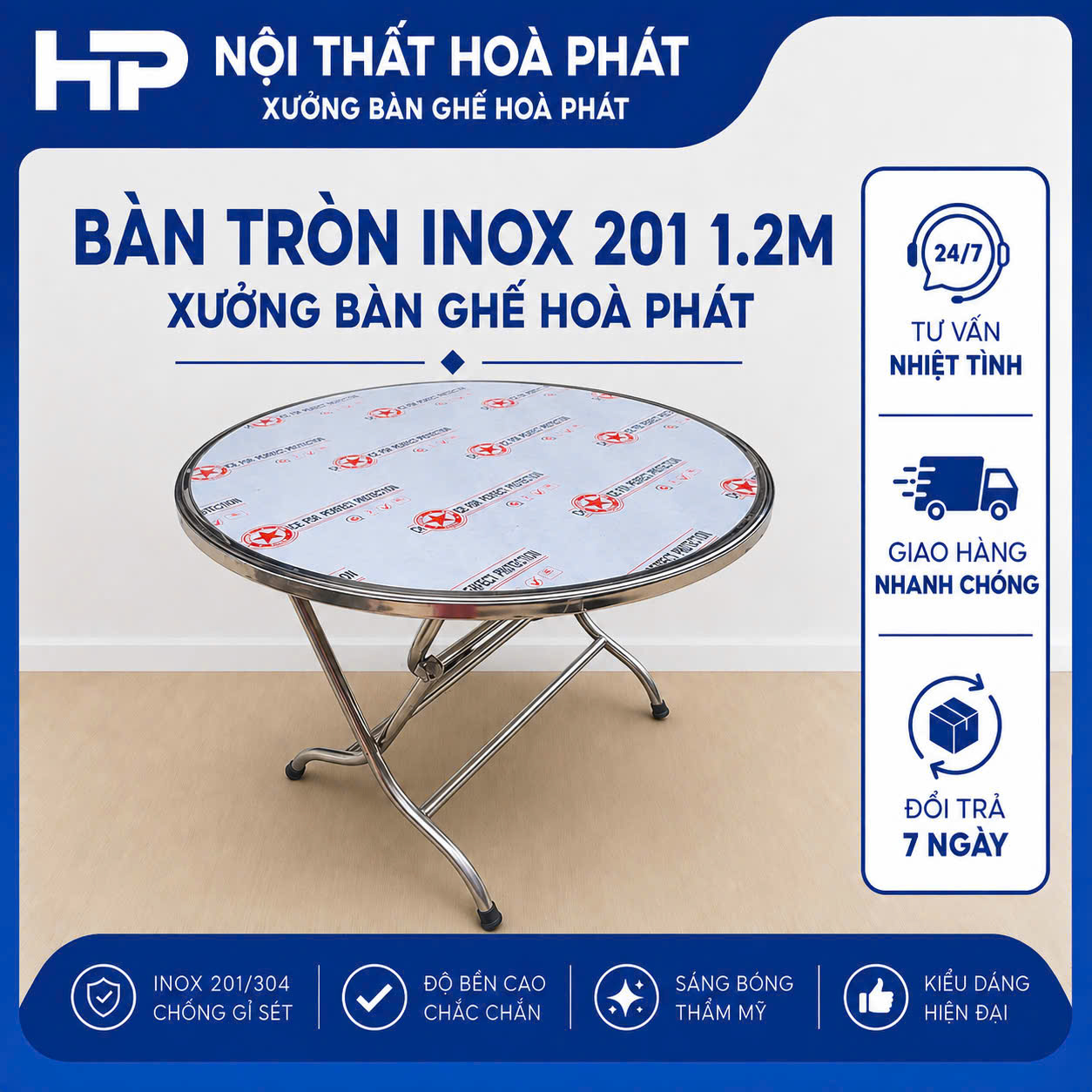 B3 - Bàn tròn inox 1,2m inox 201 dày 0.7mm